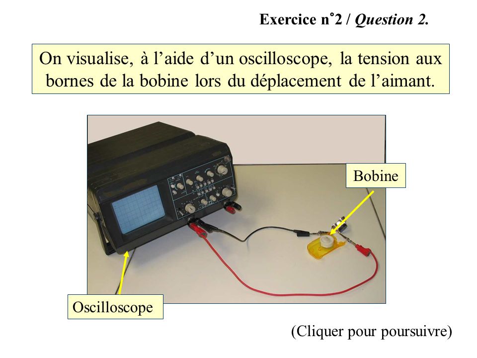 Exercice n°2 / Question 2. On visualise, à l’aide d’un oscilloscope, la tension aux bornes de la bobine lors du déplacement de l’aimant.