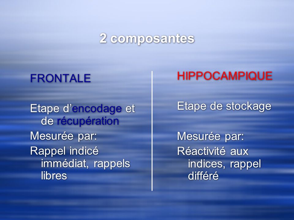 2 composantes HIPPOCAMPIQUE FRONTALE Etape de stockage