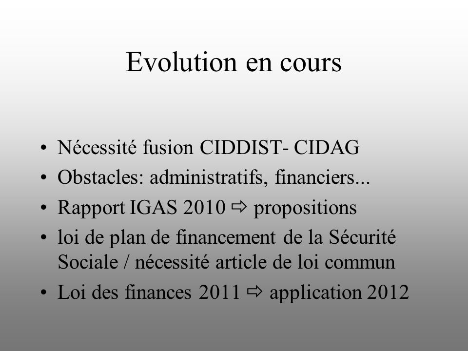 Evolution en cours Nécessité fusion CIDDIST- CIDAG