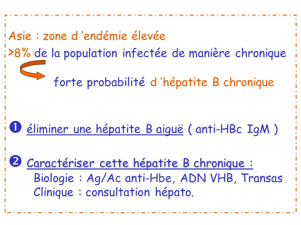Asie : zone d ’endémie élevée >8% de la population infectée de manière chronique forte probabilité d ’hépatite B chronique  éliminer une hépatite B aiguë ( anti-HBc IgM )  Caractériser cette hépatite B chronique : Biologie : Ag/Ac anti-Hbe, ADN VHB, Transas Clinique : consultation hépato.