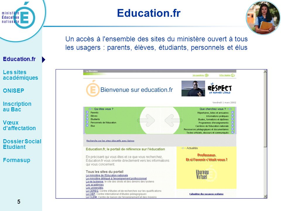 Education.fr Un accès à l ensemble des sites du ministère ouvert à tous. les usagers : parents, élèves, étudiants, personnels et élus.