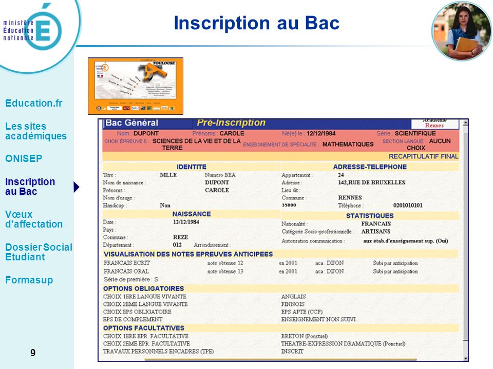 Inscription au Bac Education.fr Les sites académiques ONISEP