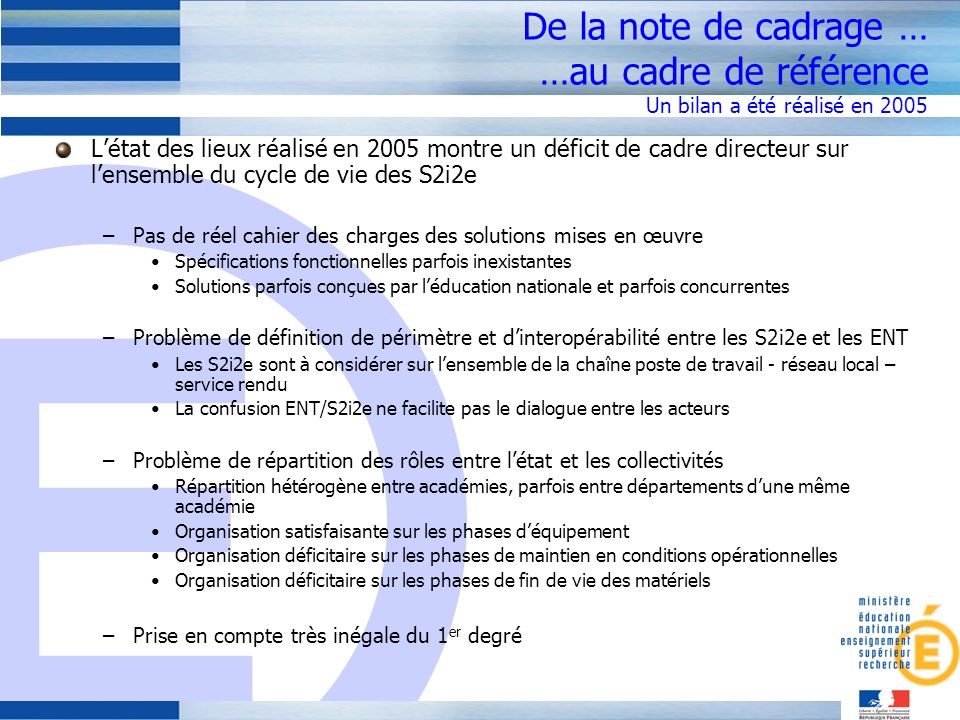 De la note de cadrage … …au cadre de référence Un bilan a été réalisé en 2005