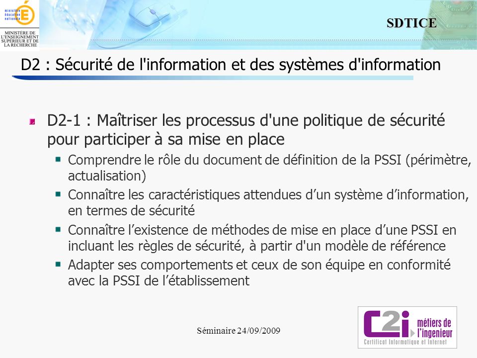 D2 : Sécurité de l information et des systèmes d information