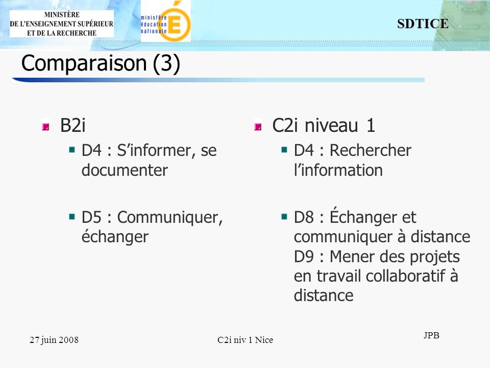 Comparaison (3) B2i C2i niveau 1 D4 : S’informer, se documenter