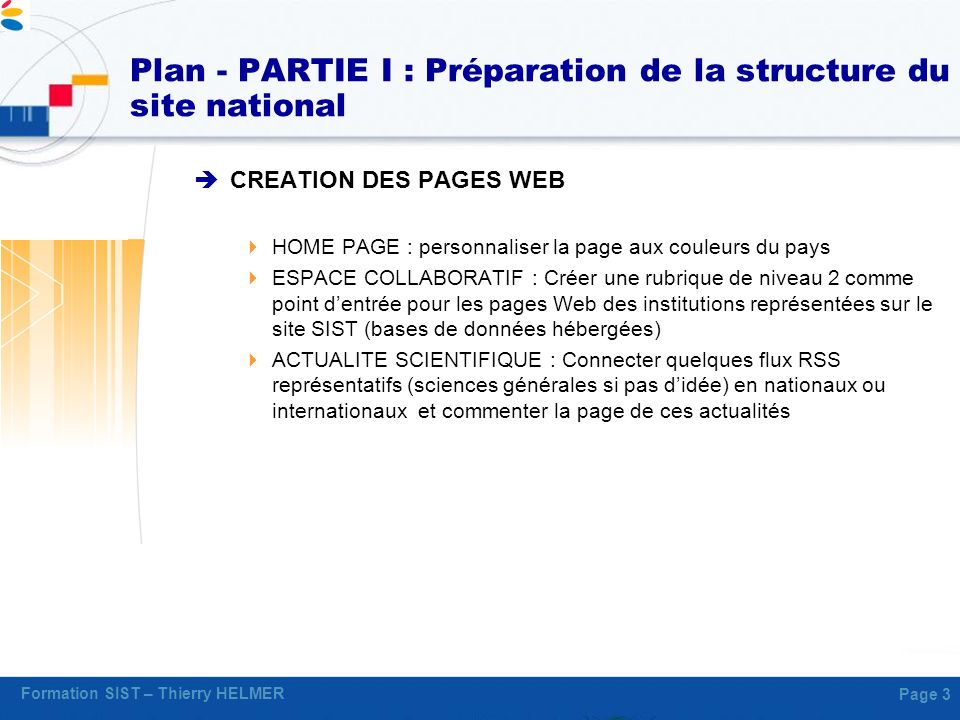 Plan - PARTIE I : Préparation de la structure du site national