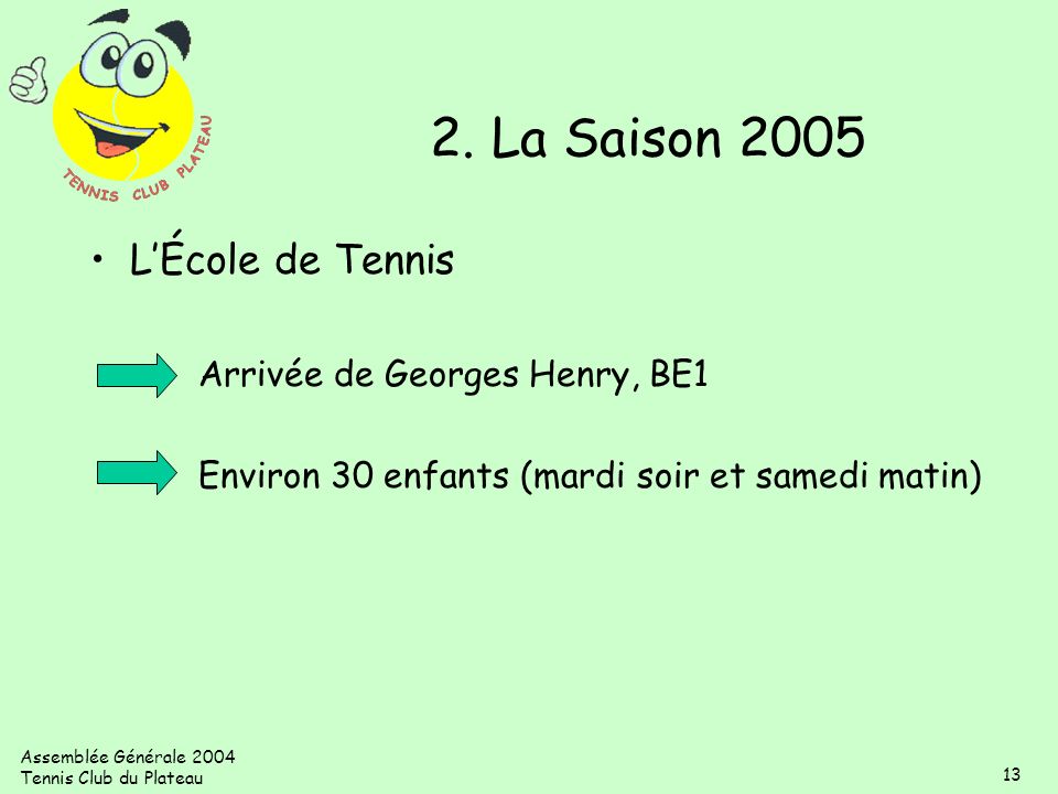 2. La Saison 2005 L’École de Tennis Arrivée de Georges Henry, BE1