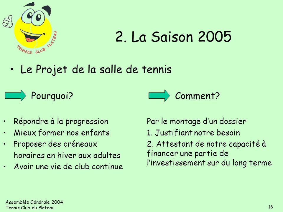 2. La Saison 2005 Le Projet de la salle de tennis Pourquoi Comment