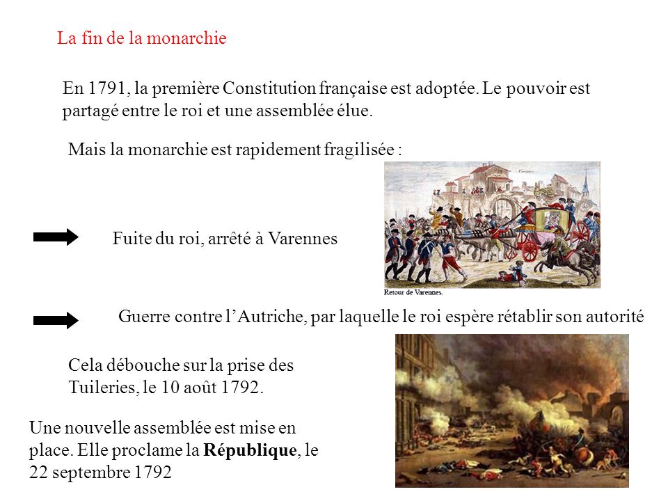 La fin de la monarchie En 1791, la première Constitution française est adoptée. Le pouvoir est partagé entre le roi et une assemblée élue.