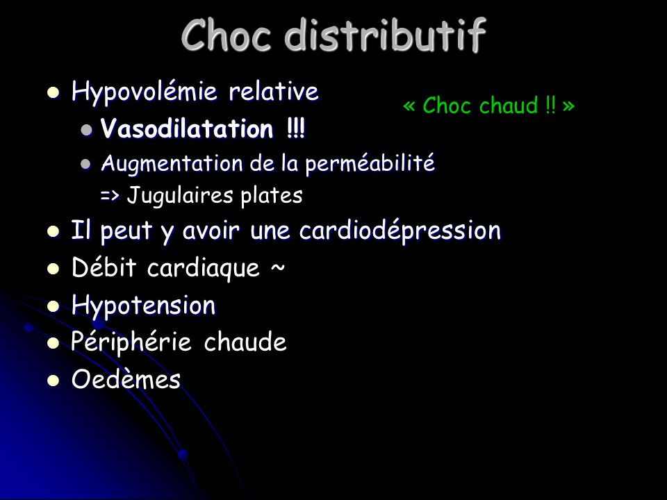 Choc distributif Hypovolémie relative Vasodilatation !!!