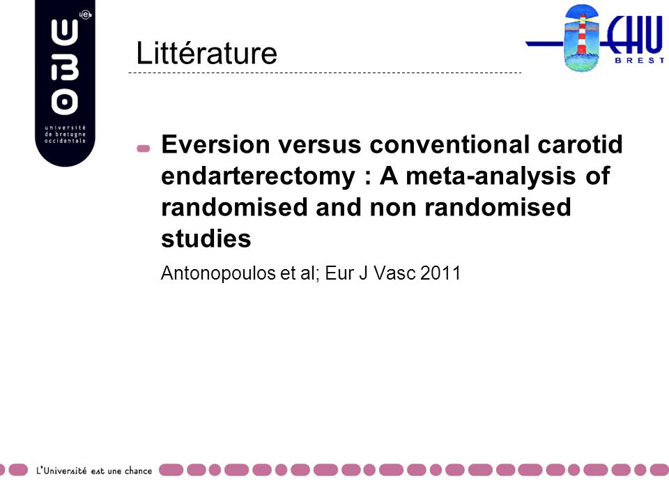 Littérature Eversion versus conventional carotid endarterectomy : A meta-analysis of randomised and non randomised studies.