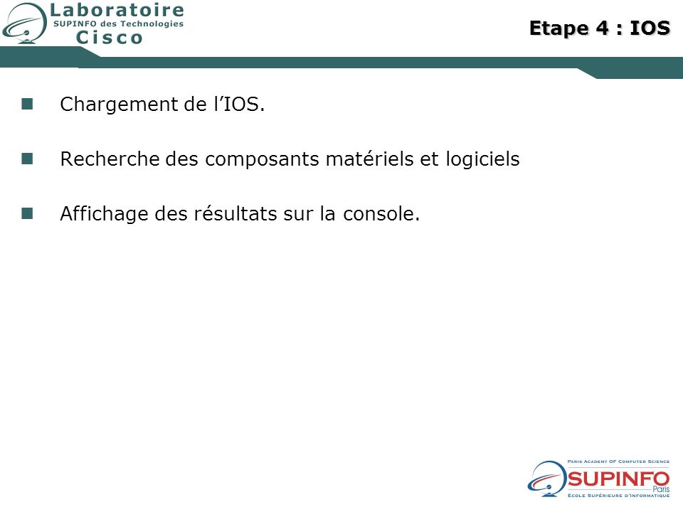 Etape 4 : IOS Chargement de l’IOS. Recherche des composants matériels et logiciels.