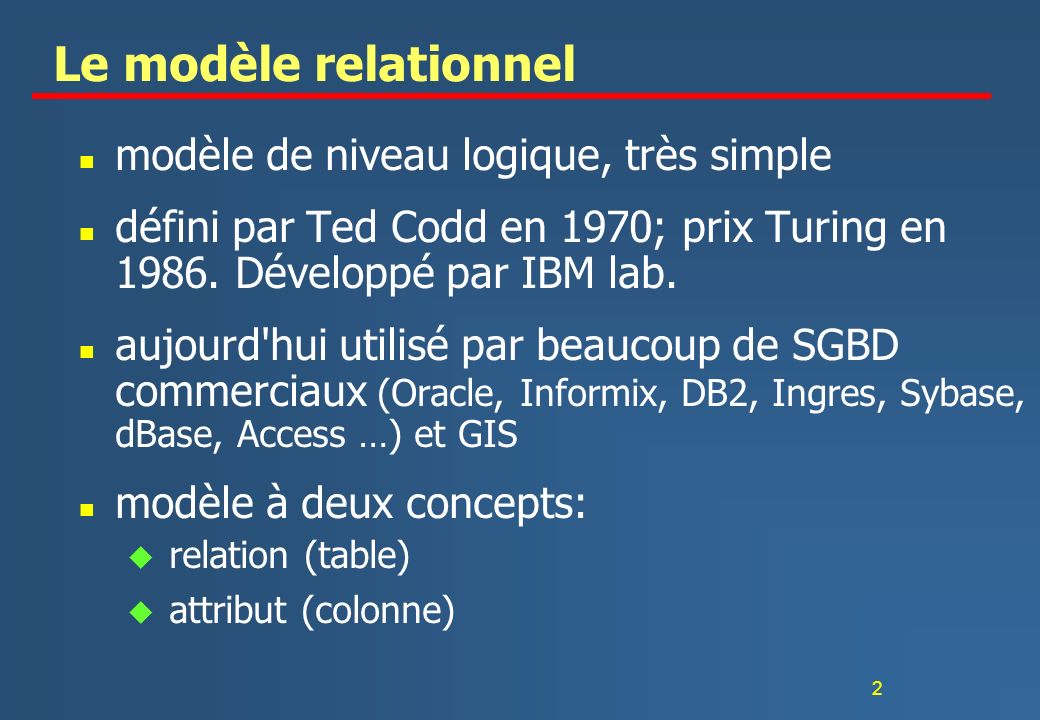 Le modèle relationnel modèle de niveau logique, très simple