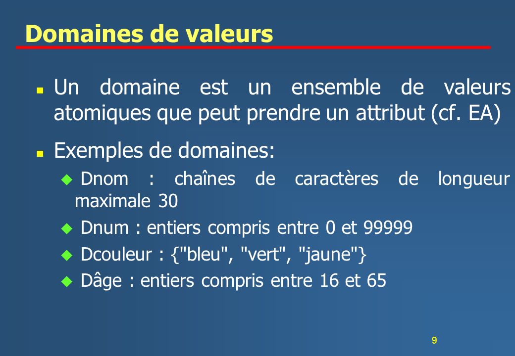 Domaines de valeurs Un domaine est un ensemble de valeurs atomiques que peut prendre un attribut (cf. EA)