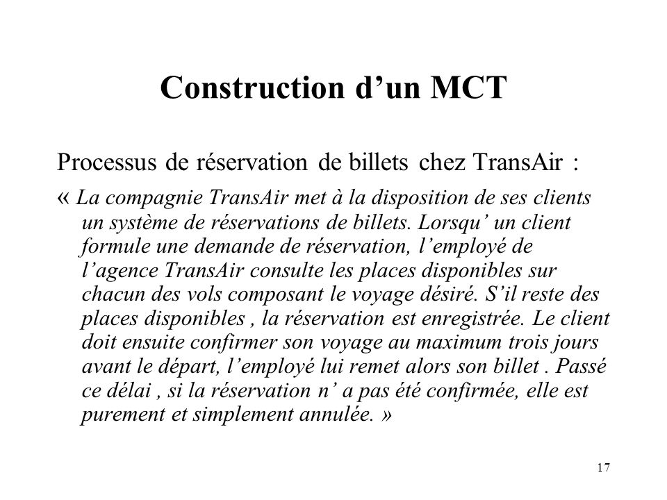 Construction d’un MCT Processus de réservation de billets chez TransAir :