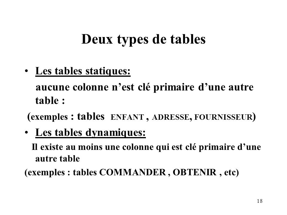 Deux types de tables Les tables statiques: