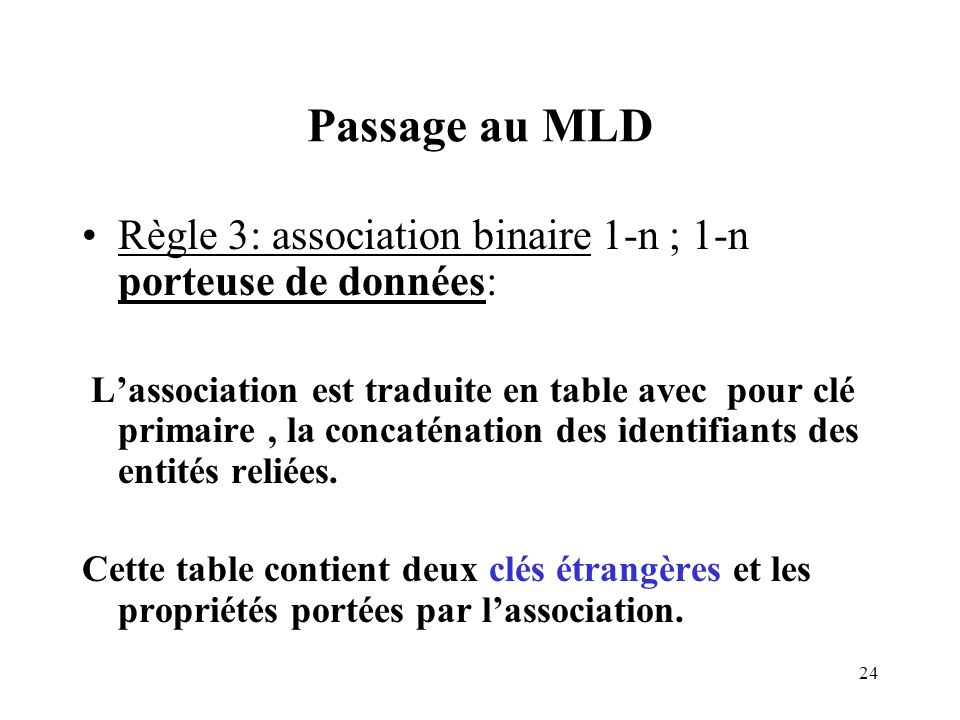 Passage au MLD Règle 3: association binaire 1-n ; 1-n porteuse de données: