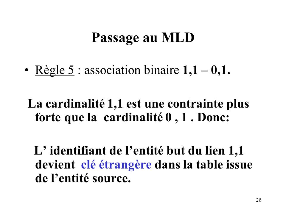 Passage au MLD Règle 5 : association binaire 1,1 – 0,1.