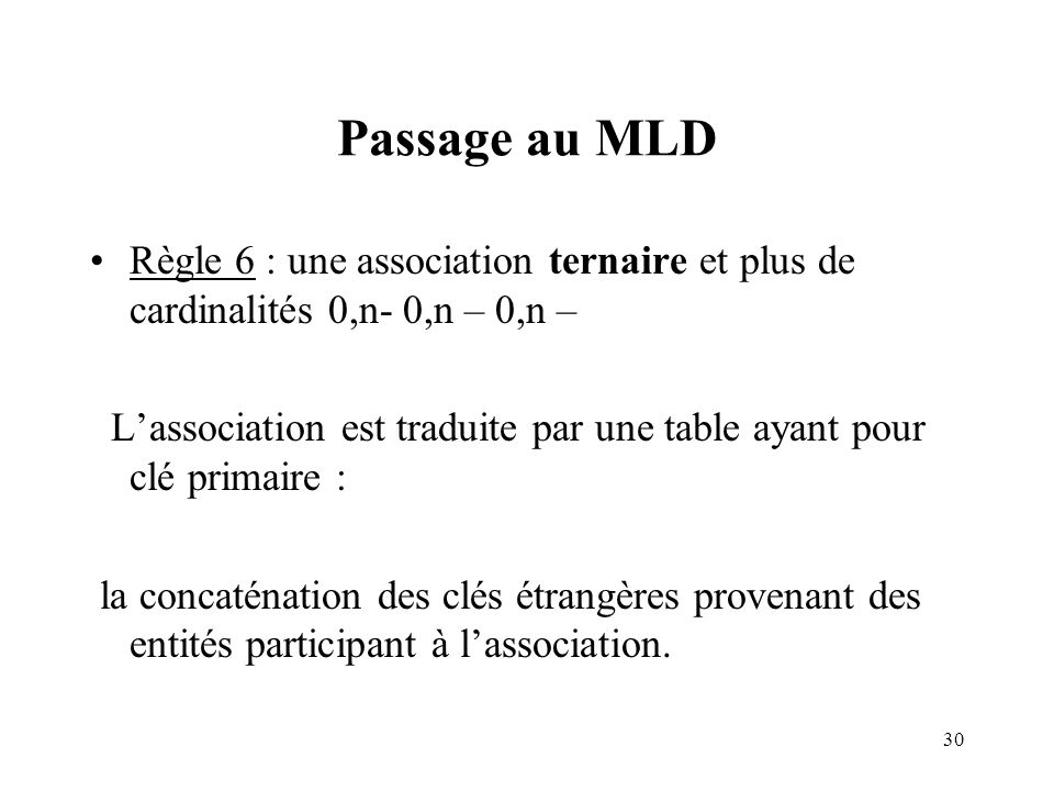 Passage au MLD Règle 6 : une association ternaire et plus de cardinalités 0,n- 0,n – 0,n –