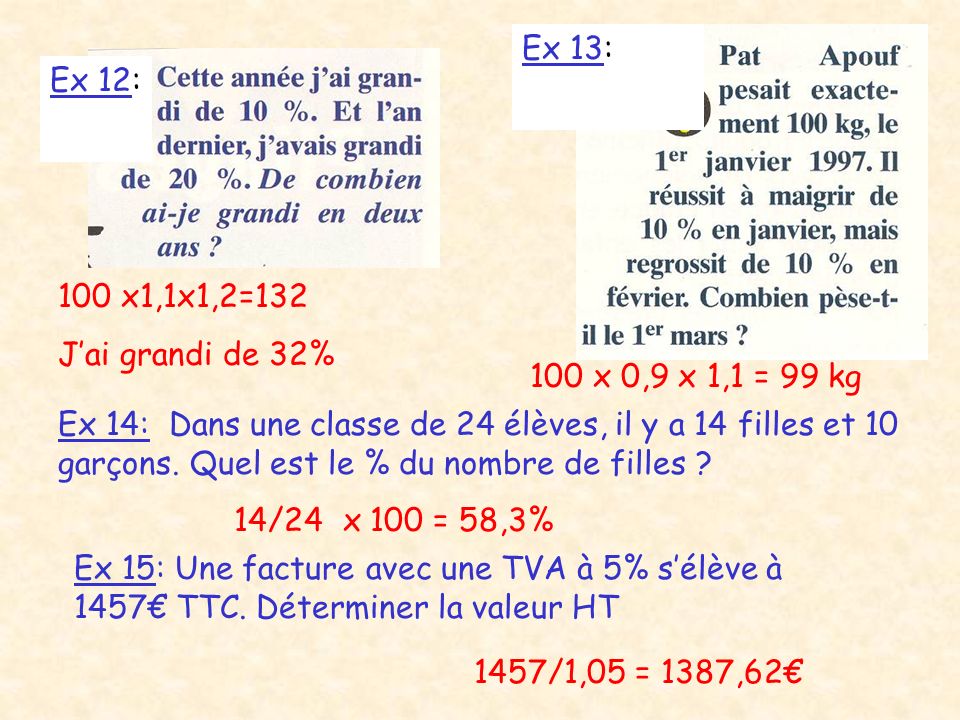 Ex 13: Ex 12: 100 x1,1x1,2=132. J’ai grandi de 32% 100 x 0,9 x 1,1 = 99 kg.