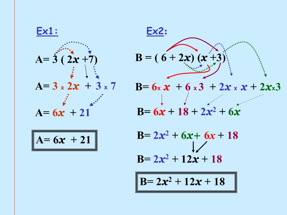 A= 3 ( 2x +7) B = ( 6 + 2x) (x +3) A= 3 x 2x + 3 x 7 B= 6x x + 6 x 3