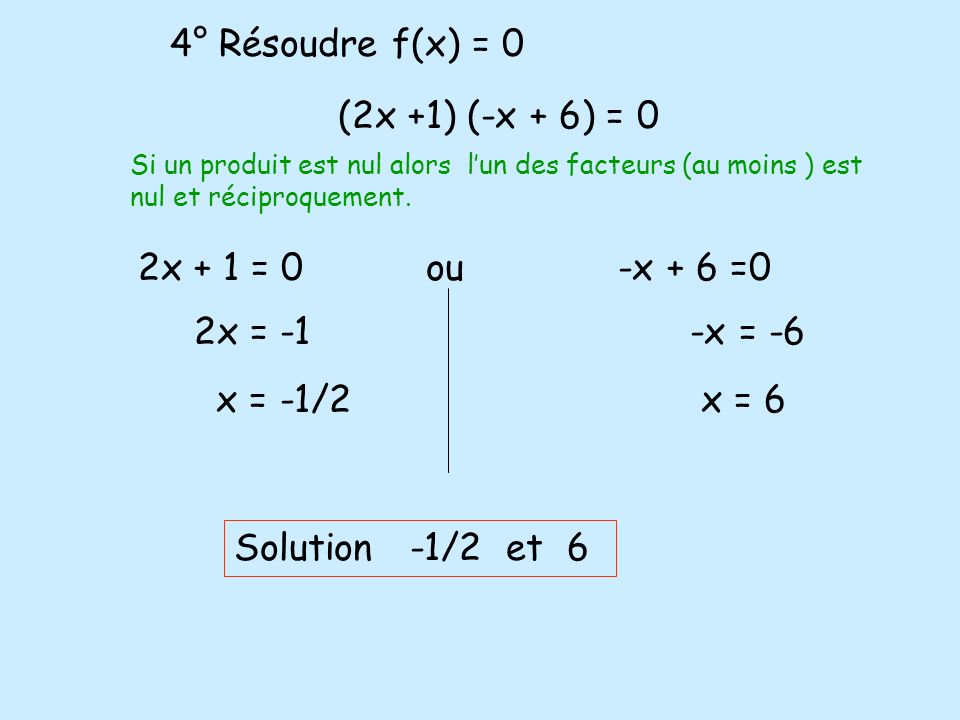 4° Résoudre f(x) = 0 (2x +1) (-x + 6) = 0 2x + 1 = 0 ou -x + 6 =0