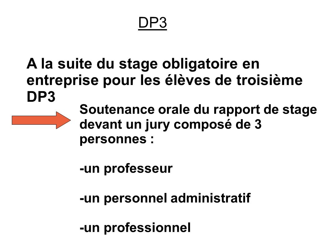 DP3 A la suite du stage obligatoire en entreprise pour les élèves de troisième DP3. Soutenance orale du rapport de stage.