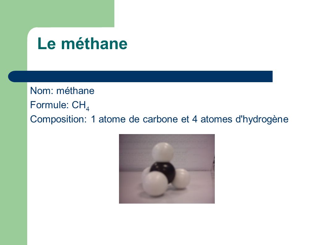 Le méthane Nom: méthane Formule: CH4