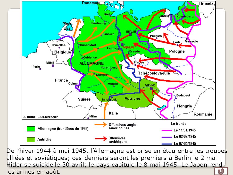 De l’hiver 1944 à mai 1945, l’Allemagne est prise en étau entre les troupes alliées et soviétiques; ces-derniers seront les premiers à Berlin le 2 mai .