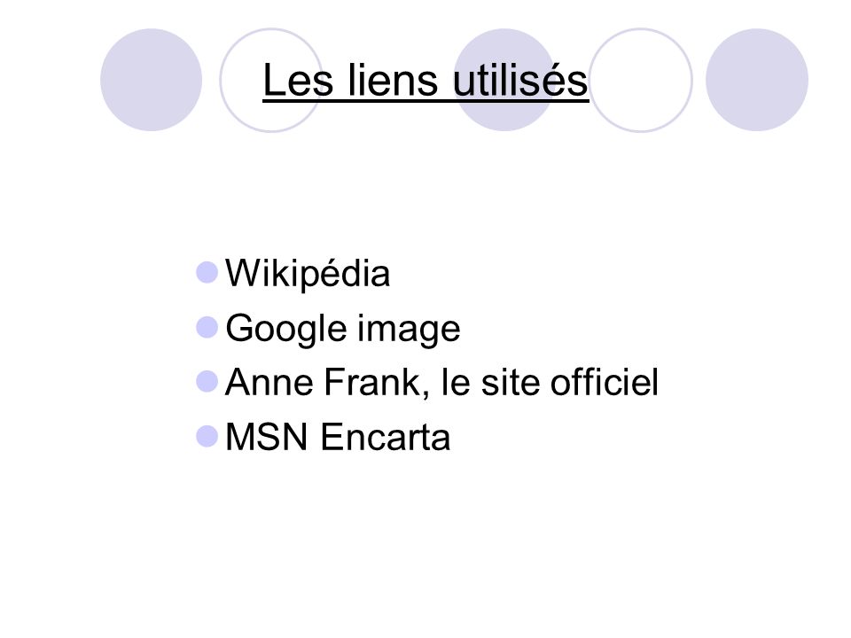 Les liens utilisés Wikipédia Google image Anne Frank, le site officiel