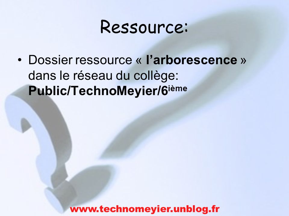 Ressource: Dossier ressource « l’arborescence » dans le réseau du collège: Public/TechnoMeyier/6ième.