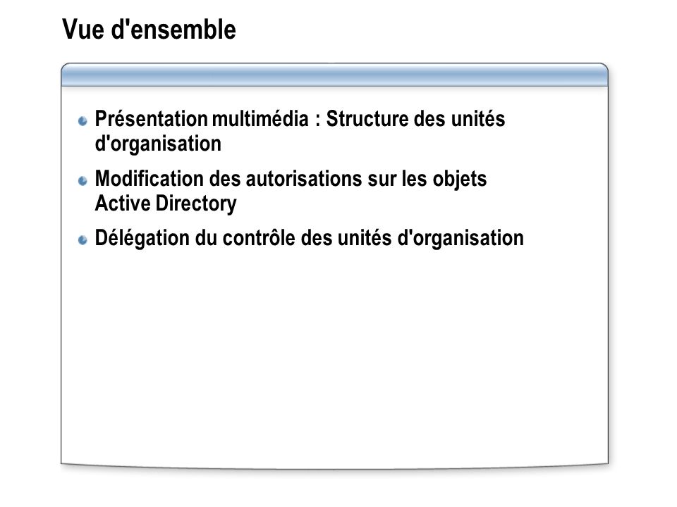 Vue d ensemble Présentation multimédia : Structure des unités d organisation. Modification des autorisations sur les objets Active Directory.