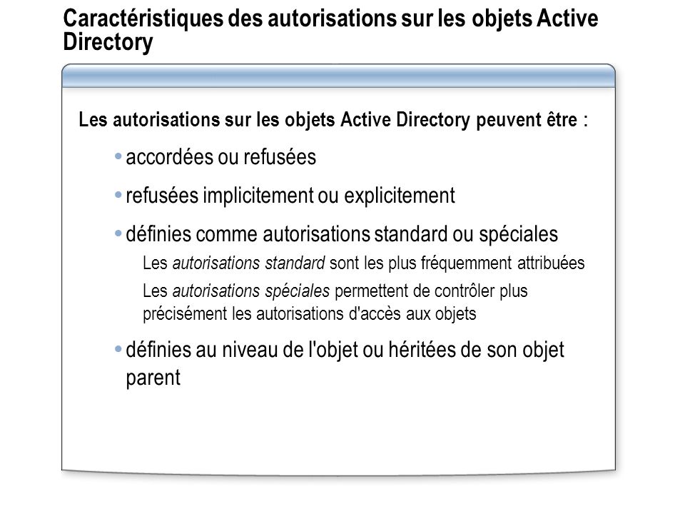 Caractéristiques des autorisations sur les objets Active Directory