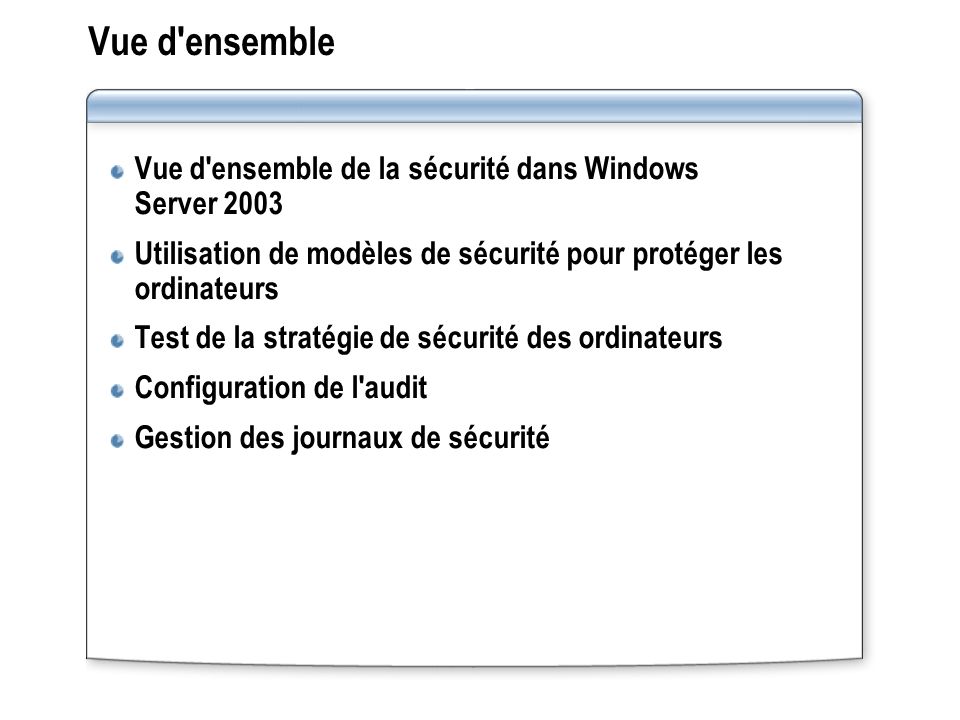 Vue d ensemble Vue d ensemble de la sécurité dans Windows Server 2003
