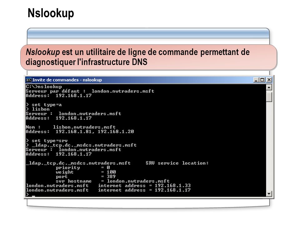 Nslookup Nslookup est un utilitaire de ligne de commande permettant de diagnostiquer l infrastructure DNS.