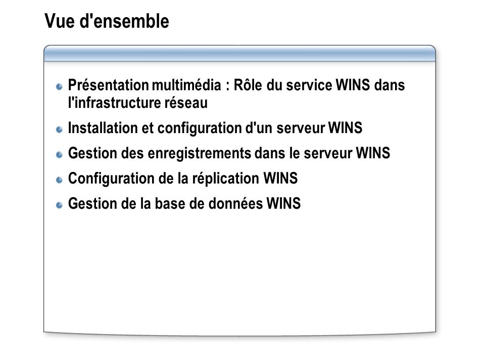 Vue d ensemble Présentation multimédia : Rôle du service WINS dans l infrastructure réseau. Installation et configuration d un serveur WINS.