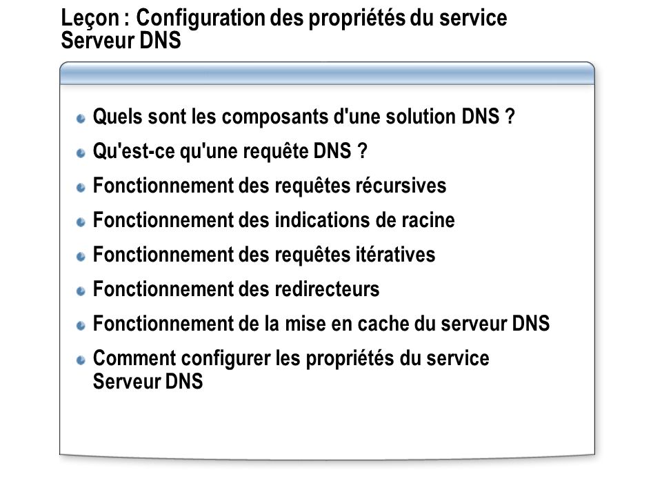 Leçon : Configuration des propriétés du service Serveur DNS