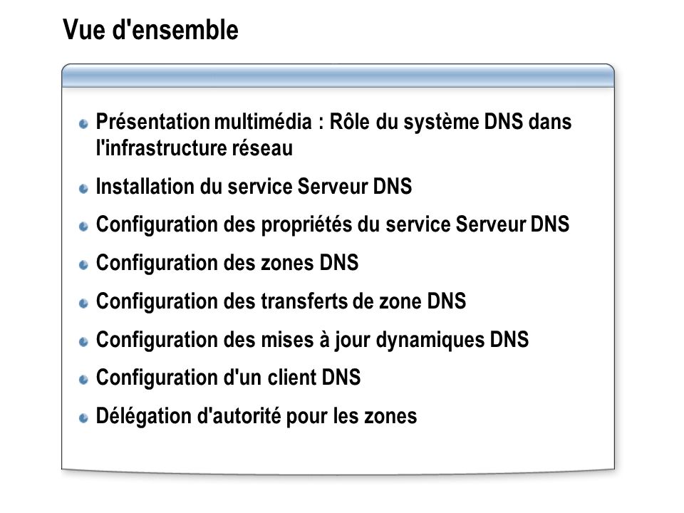 Vue d ensemble Présentation multimédia : Rôle du système DNS dans l infrastructure réseau. Installation du service Serveur DNS.