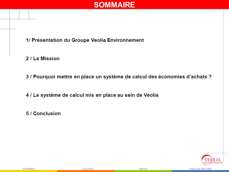 SOMMAIRE 1/ Présentation du Groupe Veolia Environnement 2 / La Mission