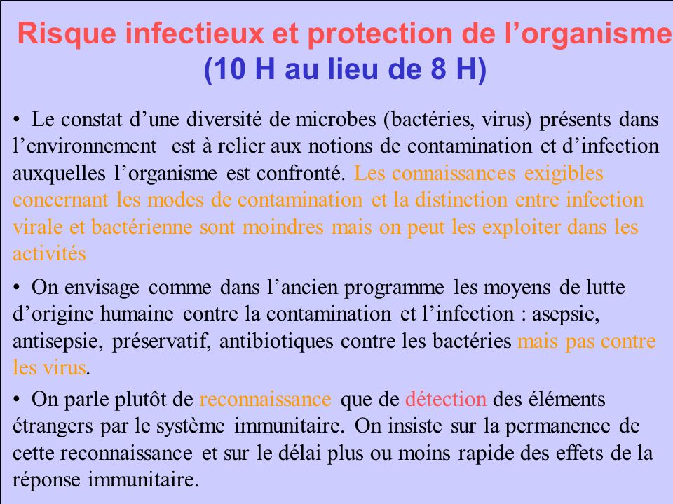 Risque infectieux et protection de l’organisme (10 H au lieu de 8 H)
