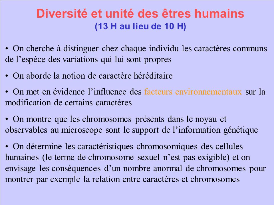 Diversité et unité des êtres humains (13 H au lieu de 10 H)