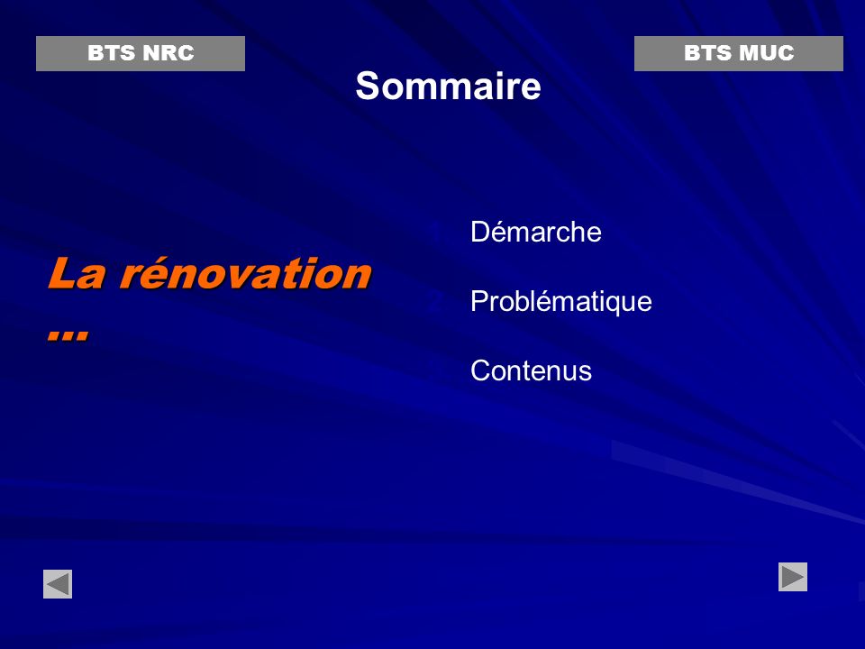 La rénovation ... Sommaire Démarche Problématique Contenus BTS NRC