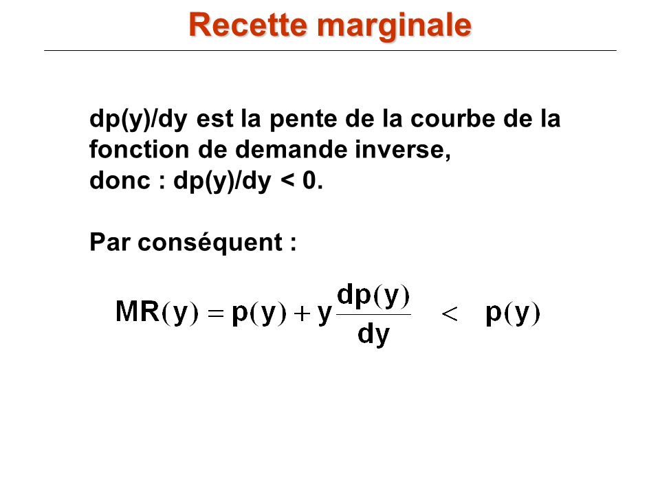 Recette marginale dp(y)/dy est la pente de la courbe de la