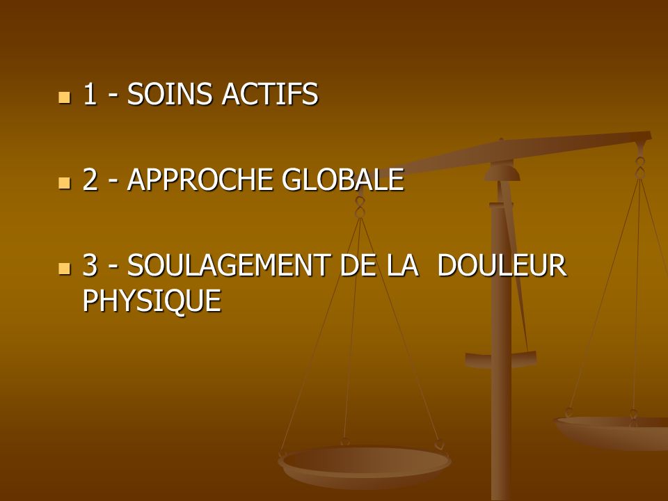 1 - SOINS ACTIFS 2 - APPROCHE GLOBALE 3 - SOULAGEMENT DE LA DOULEUR PHYSIQUE