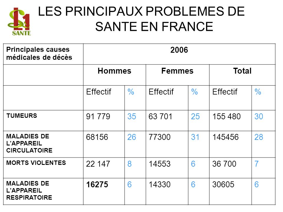 LES PRINCIPAUX PROBLEMES DE SANTE EN FRANCE