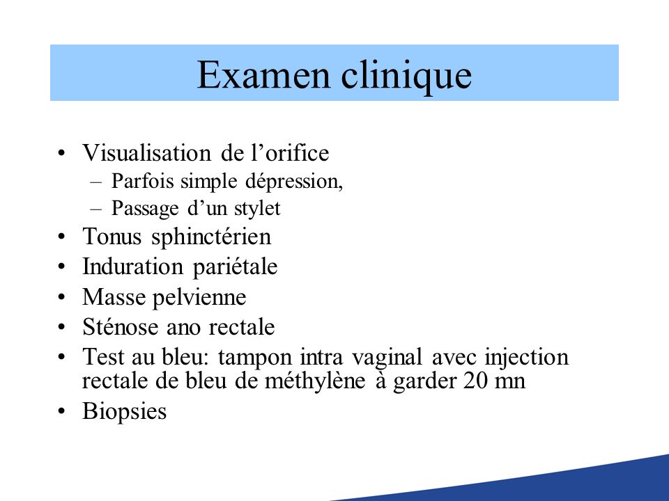 Examen clinique Visualisation de l’orifice Tonus sphinctérien