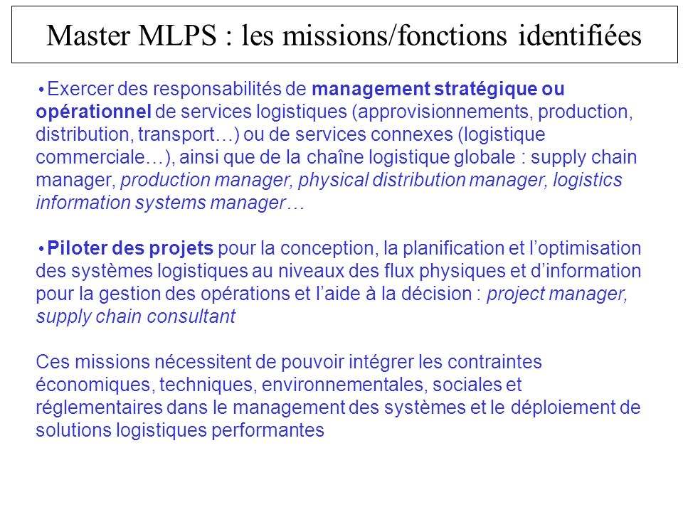 Master MLPS : les missions/fonctions identifiées