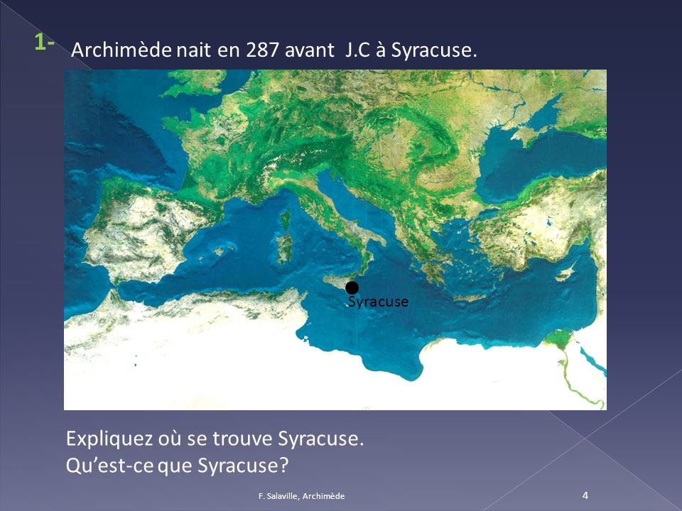 1- Archimède nait en 287 avant J.C à Syracuse.