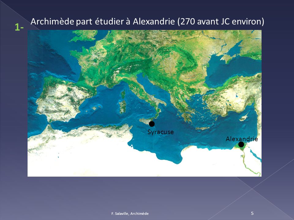 1- Archimède part étudier à Alexandrie (270 avant JC environ) Syracuse