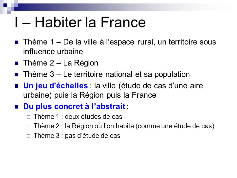 I – Habiter la France Thème 1 – De la ville à l’espace rural, un territoire sous influence urbaine.